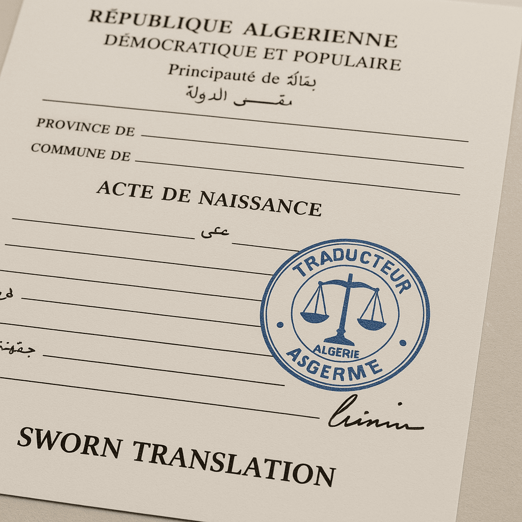 Sworn translation document in Algeria with 'Certified Translation' and 'Ministry of Foreign Affairs' stamps, an Algerian flag, and official Arabic/French text